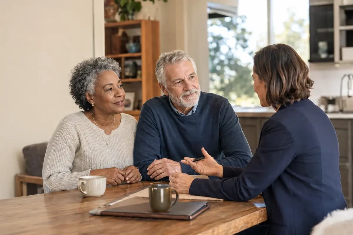 Licensed insurance advisor helping a Black and white couple review Medicare options at home